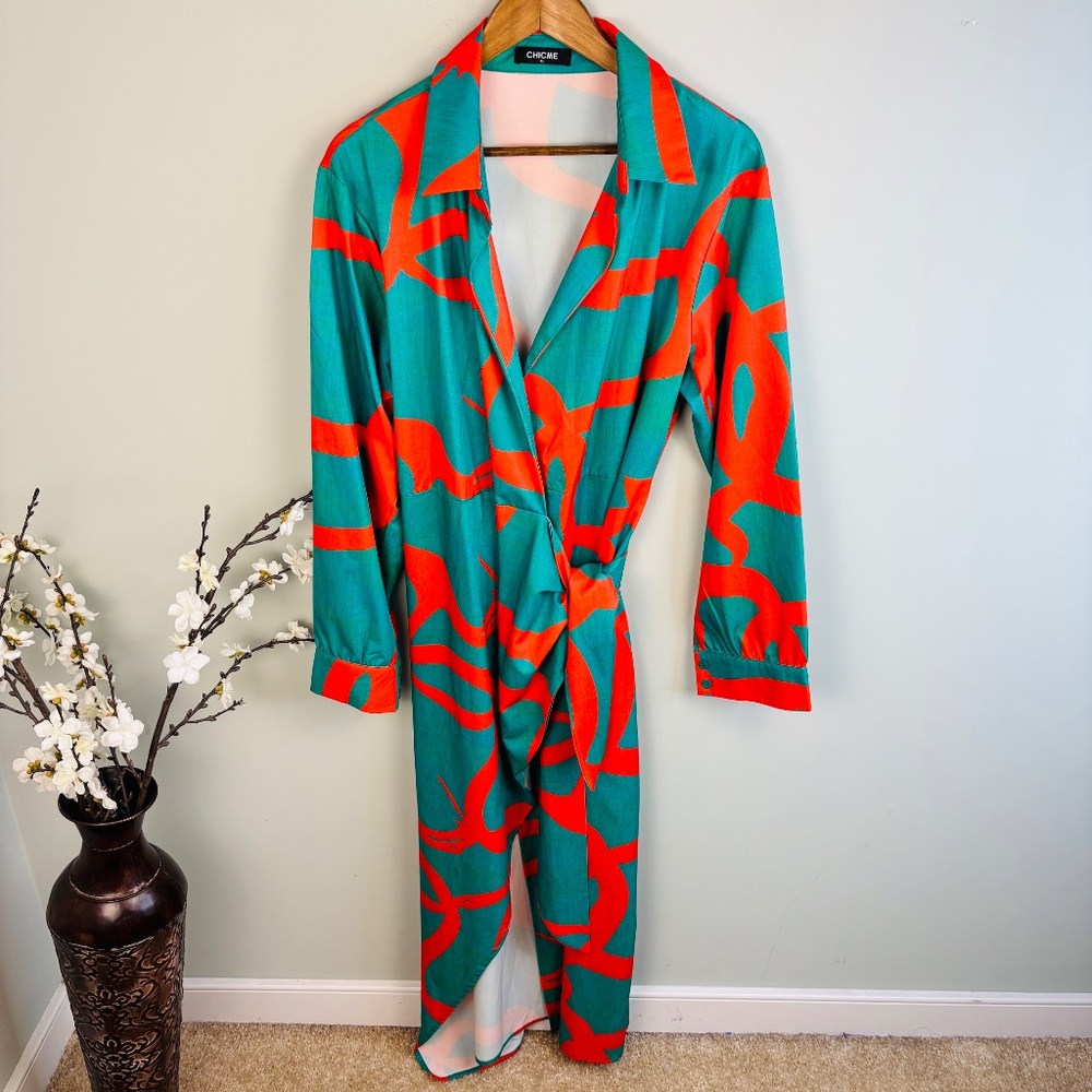 Chic Me Geo Print Wrap Shirt Dress NWOT Size XL (Fits Size 14/16) - Picture 3 of 5